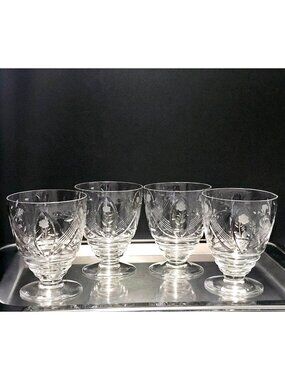 4 Vintage Rock Sharpe Etched Crystal Cocktail Glasses Floral Barware 5oz glasswa